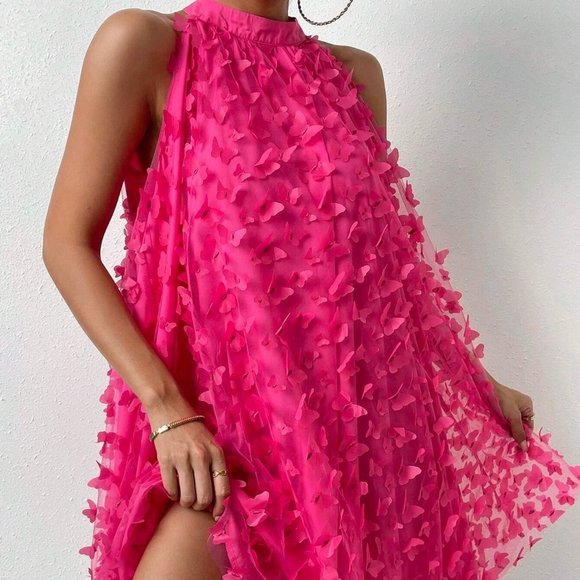 . Dresses & Skirts - Pink Boho Womens Butterfly Appliques Mesh Overlay Halter Neck Dress